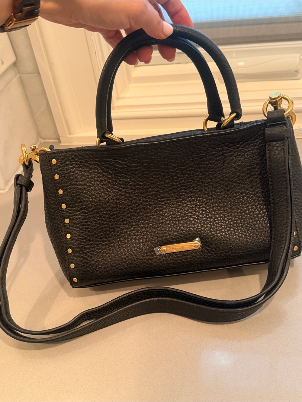NWT Rebecca Minkoff Black Leather Studded Darren Top Handle Crossbody Bag - Picture 9 of 13